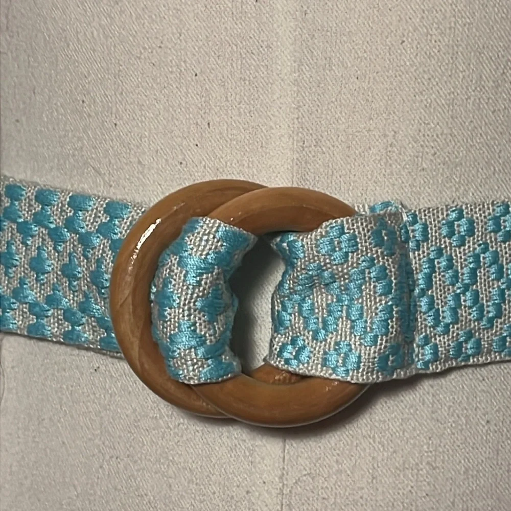LAST CHANCE Woven Fabric Belt Blue Cream Geometric Print Bamboo Style
